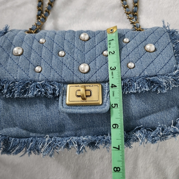KARL LAGERFELD Agyness Quilted Pearl Chain Fringe Edge Denim Shoulder Bag - Picture 8 of 13